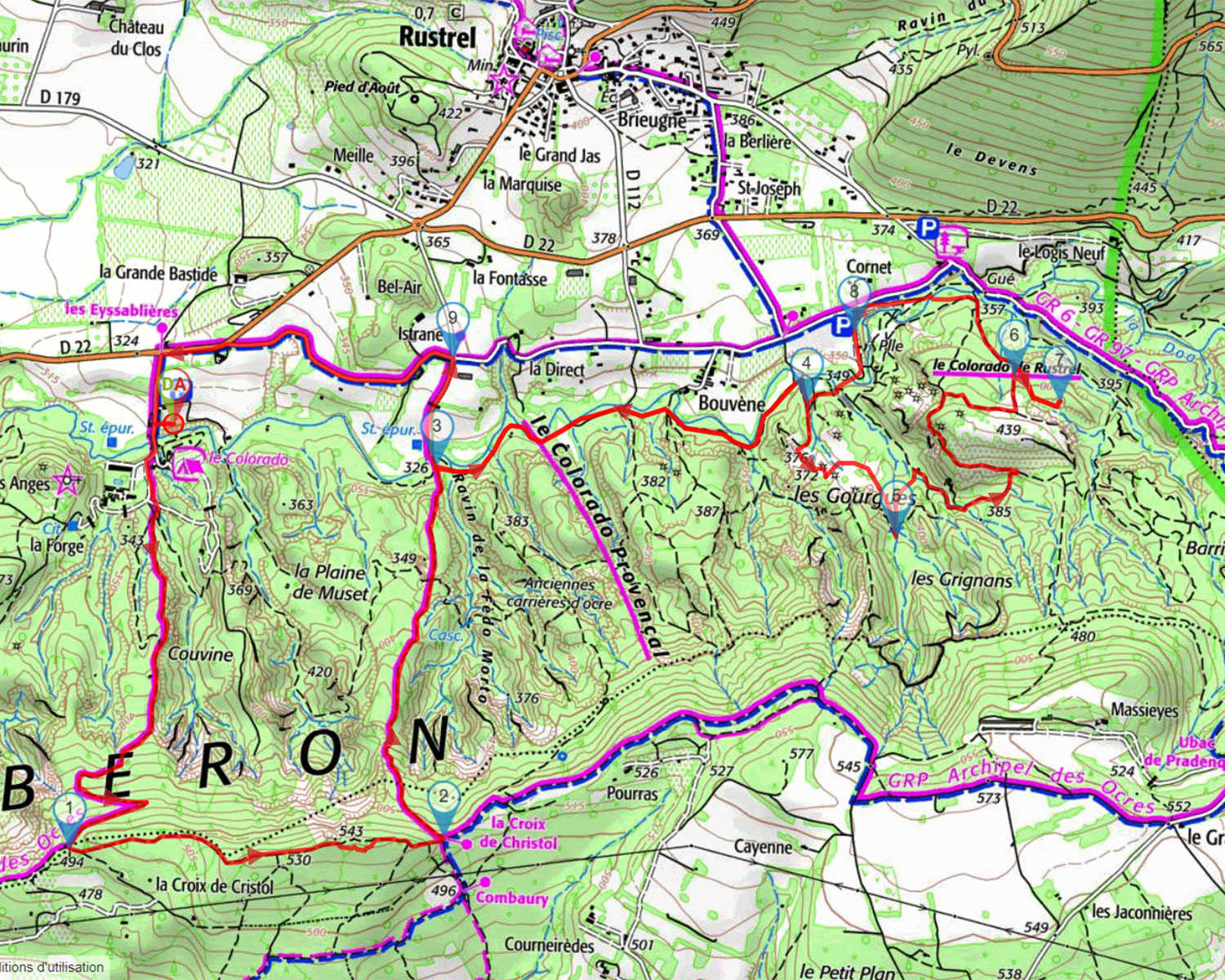 carte IGN de l'itinéraire de vallée des ocres colorés du Colorado Provençal de Rustrel